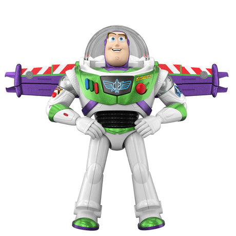 Disney and Pixar Toy Story 12 Inch Buzz Lightyear figure standing with bent arms, purple wings extended and a clear helmet over its head.
