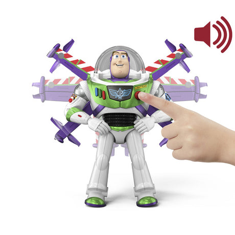 Disney and Pixar Toy Story 12 Inch Buzz Lightyear figure standing with two wing positions visible behind it and a hand touching the red chest button.
