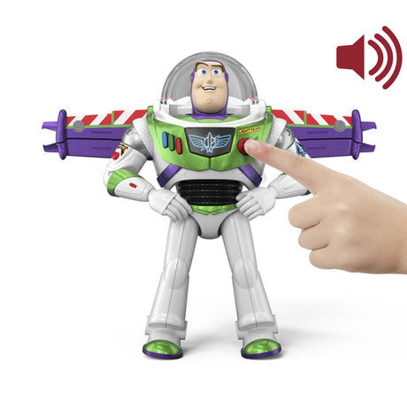 Disney and Pixar Toy Story 12 Inch Buzz Lightyear figure standing with its wings extended as a hand touches the red chest button.