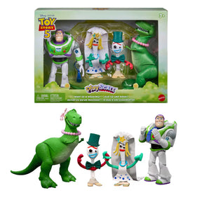 Disney and Pixar Toy Story 5 Figure Pack in its display box with Rex, Forky, Karen Beverly and Buzz Lightyear shown below.