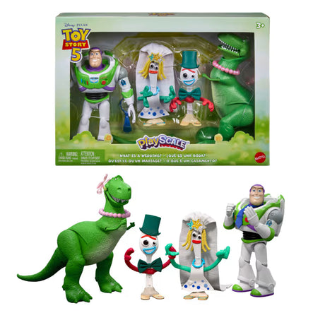 Disney and Pixar Toy Story 5 Figure Pack in its display box with Rex, Forky, Karen Beverly and Buzz Lightyear shown below.
