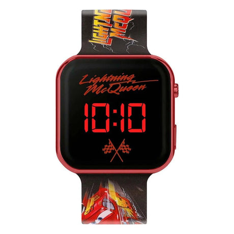 Disney Cars Lightning McQueen kids LED watch with red tone case, red digital display and printed black silicone strap