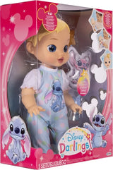 Disney Darlings Stitch Blonde Doll shown in pink window box packaging viewed at an angle