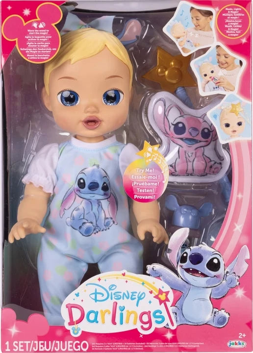 Front of Disney Darlings Stitch Blonde Doll packaging with doll and accessories visible