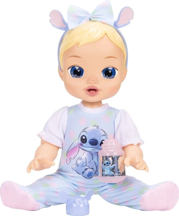 Disney Darlings Stitch Blonde Doll seated with Stitch bottle and bottle cap in front