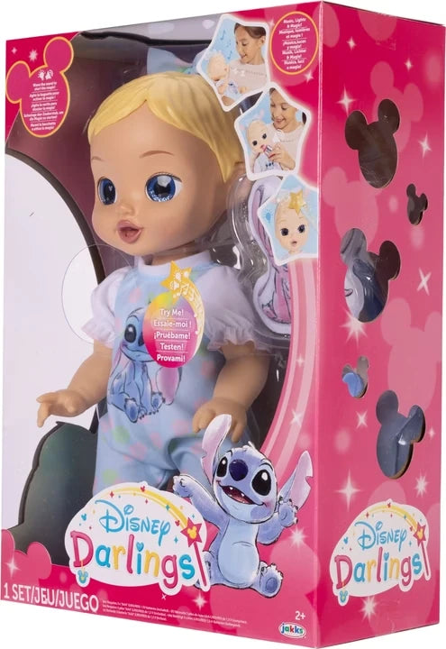 Disney Darlings Stitch Blonde Doll window box viewed from the side with character artwork on the packaging
