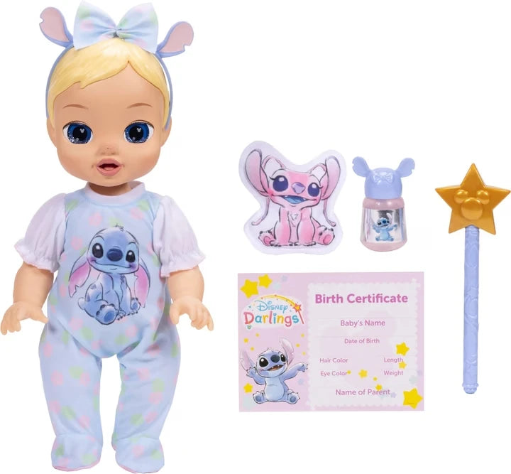 Disney Darlings Stitch Blonde Doll standing beside pink character cushion, Stitch bottle, birth certificate and star wand