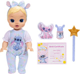 Disney Darlings Stitch Blonde Doll standing beside pink character cushion, Stitch bottle, birth certificate and star wand