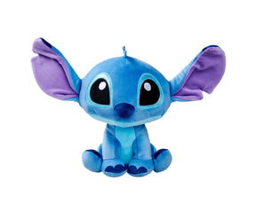 Front view of Disney Doorables Stitch plush toy with large glittery eyes and wide purple ears sitting upright on white background