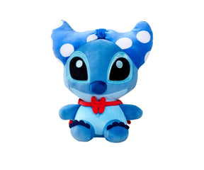 Disney Doorables Stitch 25 cm plush toy in blue with white polka dot bow and red scarf, seated on white background.