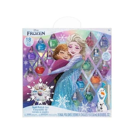 Disney Frozen nail set accessories front packaging including Olaf nail file, cuticle stick, nail gems, and polish bottles 