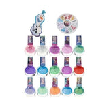 Disney Frozen nail polish set with 15 diamond shaped polish bottles, gem wheel, Olaf nail file, and cuticle stick