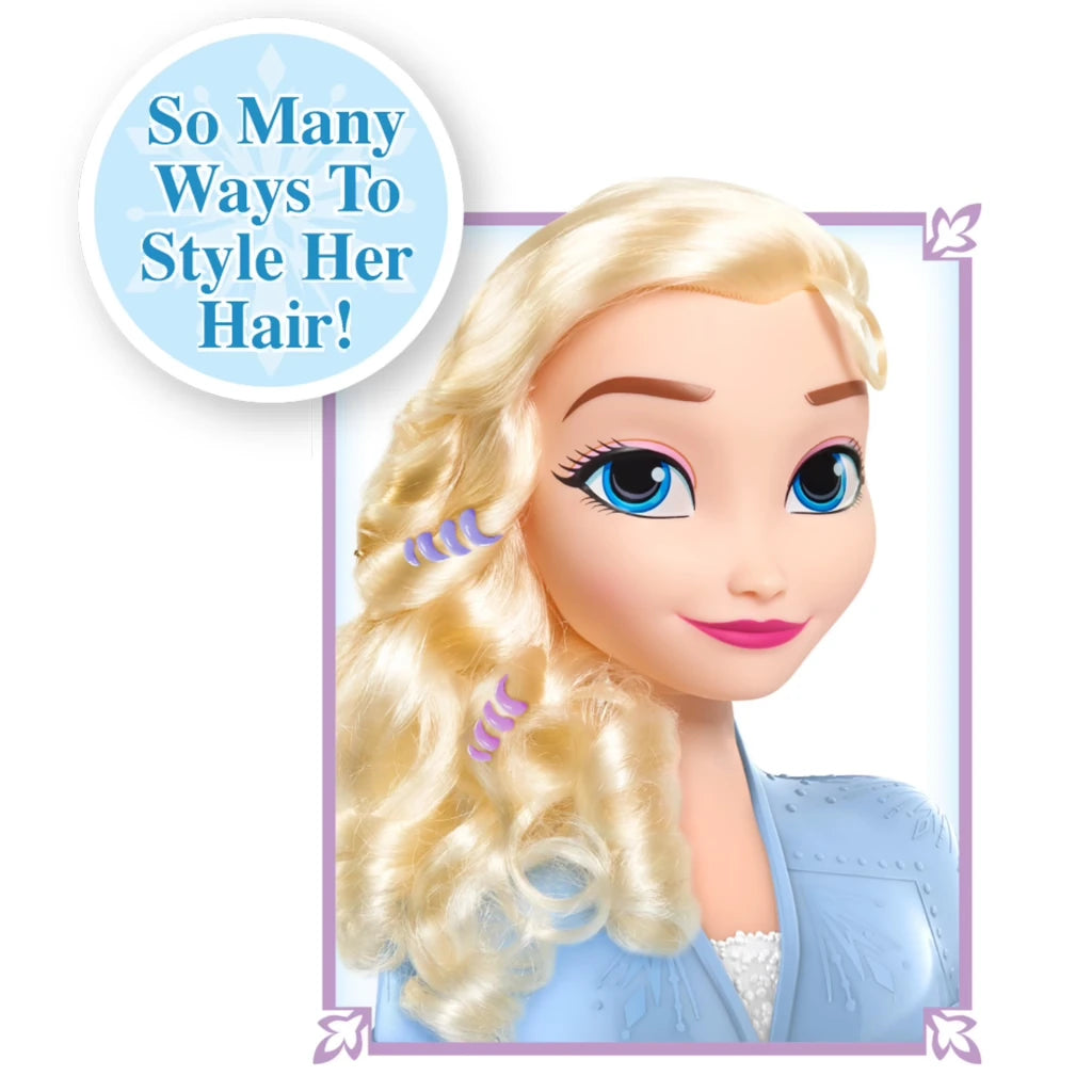Disney Frozen 2 Elsa Styling Head with braided blonde curls and purple hair accessories