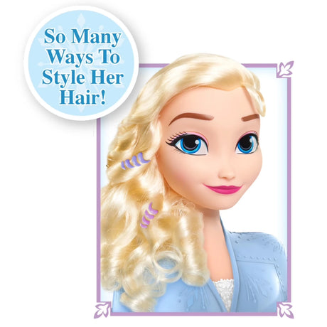 Disney Frozen 2 Elsa Styling Head with braided blonde curls and purple hair accessories
