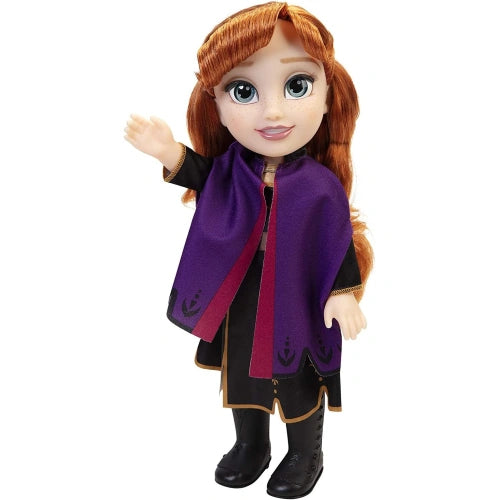 Disney Frozen Anna Toddler Doll in purple cape with one hand raised