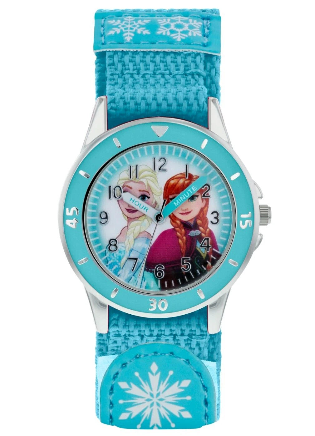 Disney Frozen Fabric Strap Time Teacher Watch close front view with Anna and Elsa dial, turquoise bezel and blue snowflake strap