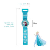 Disney Frozen Fabric Strap Time Teacher Watch dimensions graphic showing 32 mm case width, 38 mm watch face height and adjustable strap