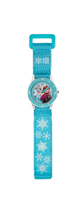 Disney Frozen Fabric Strap Time Teacher Watch full length view showing the blue snowflake strap, Anna and Elsa dial and adjustable fastening