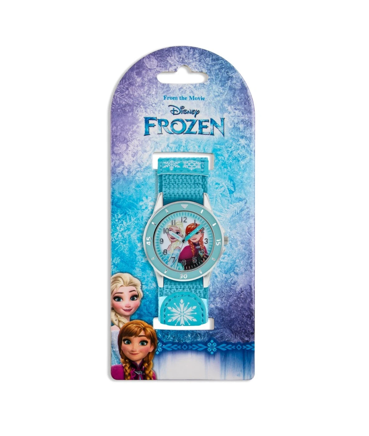 Disney Frozen Fabric Strap Time Teacher Watch displayed on branded Frozen retail packaging with Anna and Elsa artwork