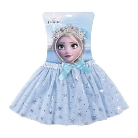 Disney Frozen Fantasy Beauty Accessories Set with blue tulle skirt and silver snowflake headband on Elsa packaging