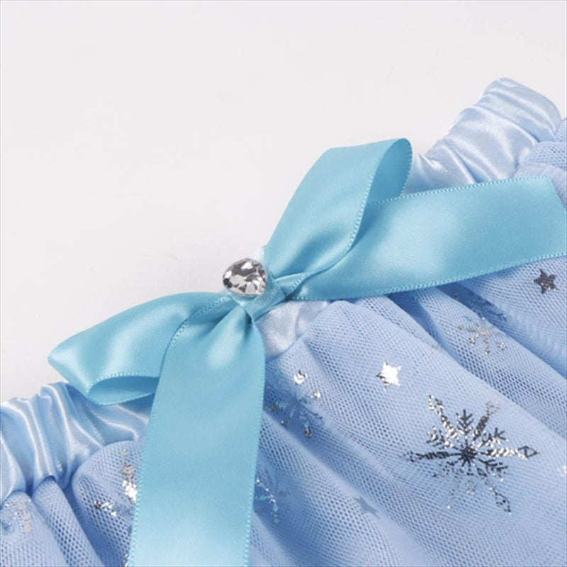 Close view of the Disney Frozen blue tulle skirt showing the satin bow, elastic waistband and silver snowflake details