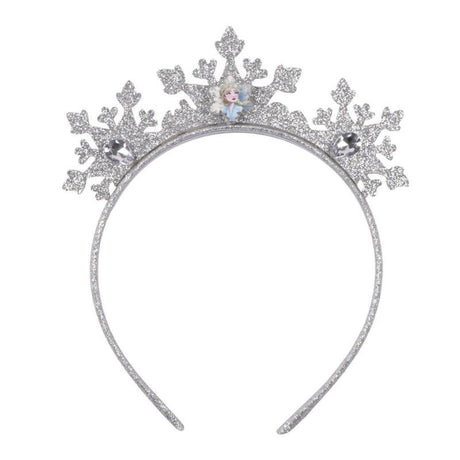 Disney Frozen silver headband with glitter snowflake decorations and small Elsa character detail