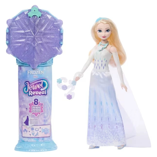 Disney Frozen Jewel Reveal Elsa doll with purple snowflake gem box and gem accessories