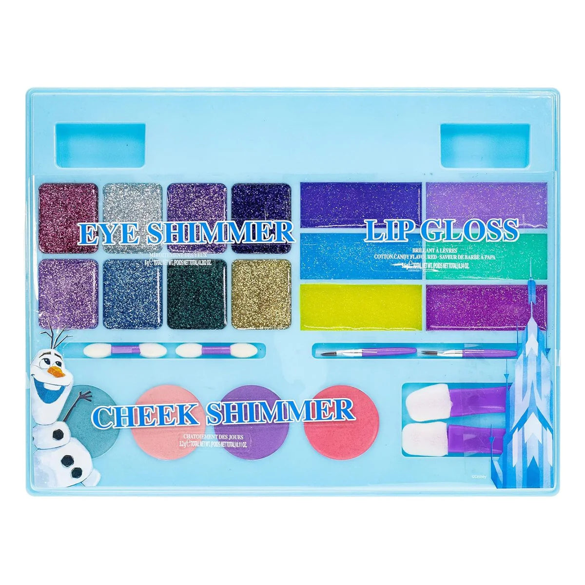 Close up of Disney Frozen cosmetic tray with eye shimmer, lip gloss, cheek shimmer and brushes