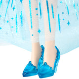 Close view of the Disney Frozen Light-Up Singing Elsa Doll with blue shoes, pale legs and an ice patterned skirt.