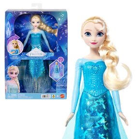 Disney Frozen Light-Up Singing Elsa Doll beside its display box, wearing a blue dress with a blonde braid.