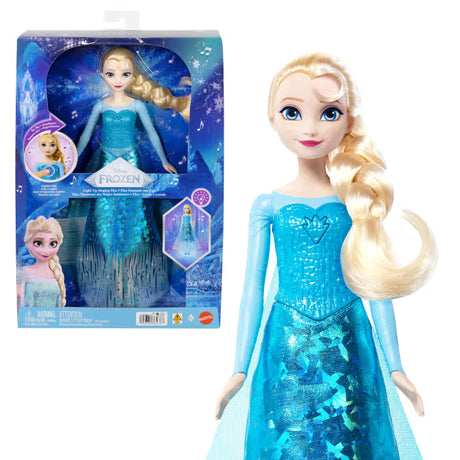 Disney Frozen Light-Up Singing Elsa Doll beside its display box, wearing a blue dress with a blonde braid.
