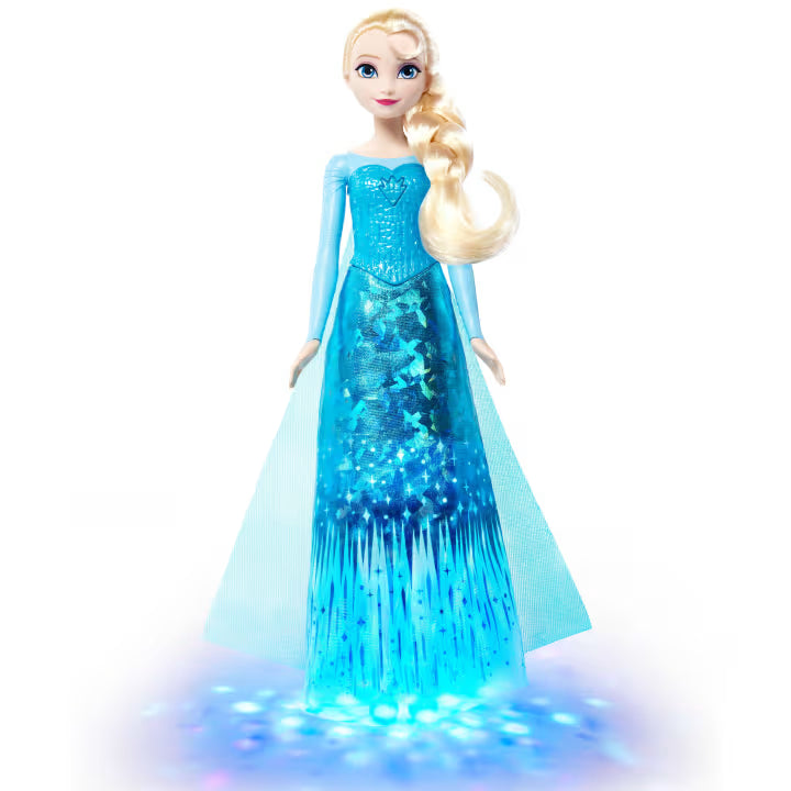 Disney Frozen Light-Up Singing Elsa Doll with a glowing blue skirt and blue light patterns below.