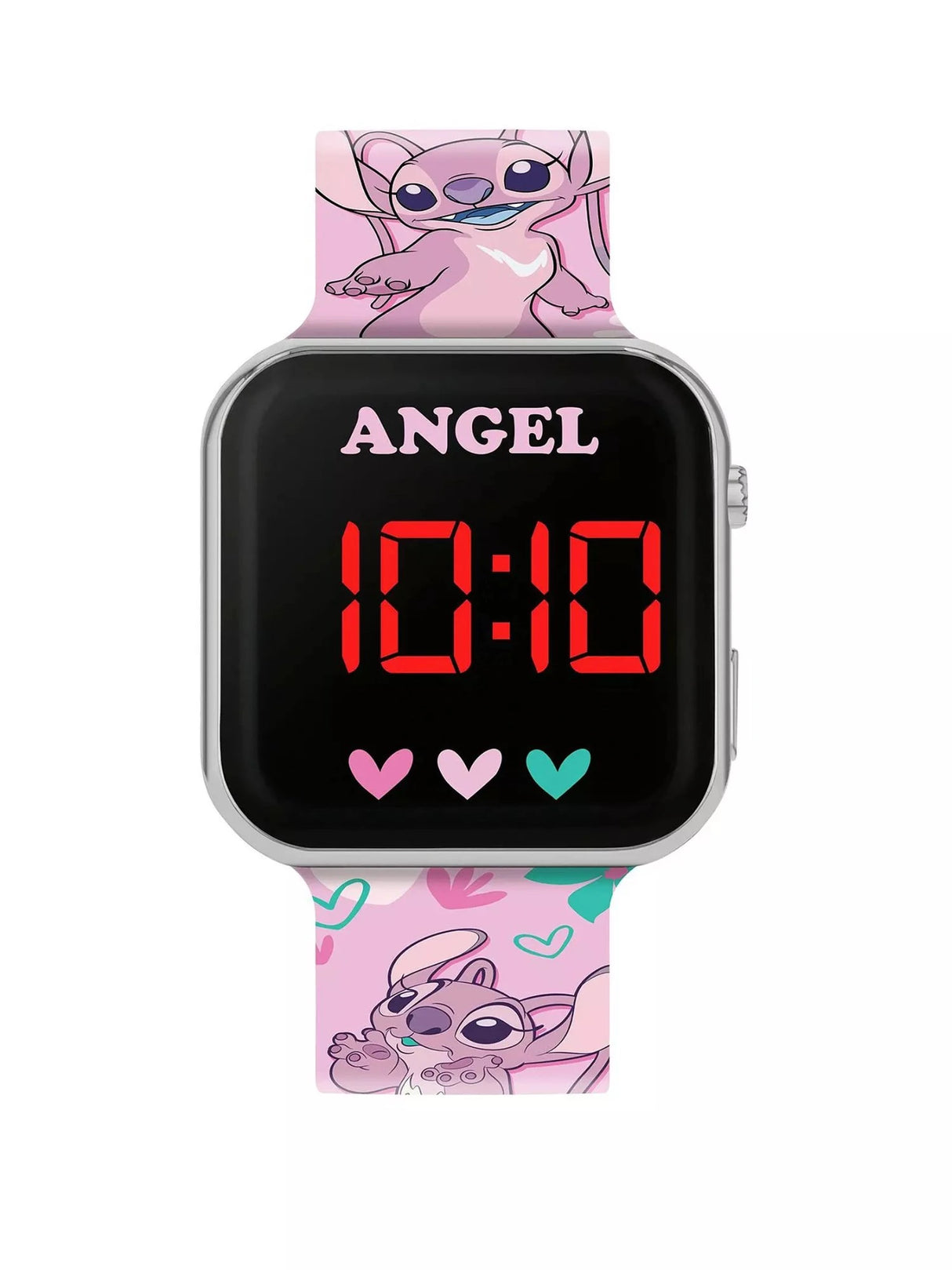 Disney Lilo and Stitch Angel LED watch front view with Angel character dial, heart graphics and pink printed silicone strap
