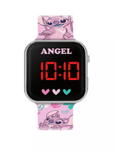 Disney Lilo and Stitch Angel LED watch front view with Angel character dial, heart graphics and pink printed silicone strap