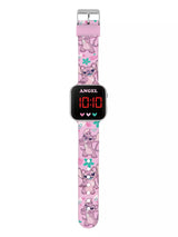 Disney Lilo and Stitch Angel LED watch showing full printed pink silicone strap with repeating Angel character and floral design