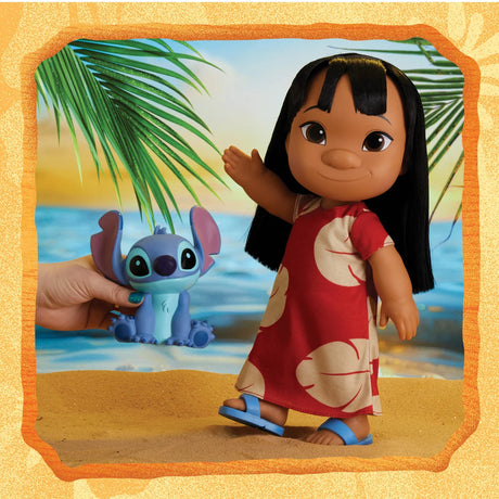 Poseable 36 cm Disney Lilo doll with 13 cm Stitch figure on beach background – Ireland.