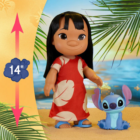 Disney Lilo doll waving with Stitch figure held beside her in tropical scene – Ireland.