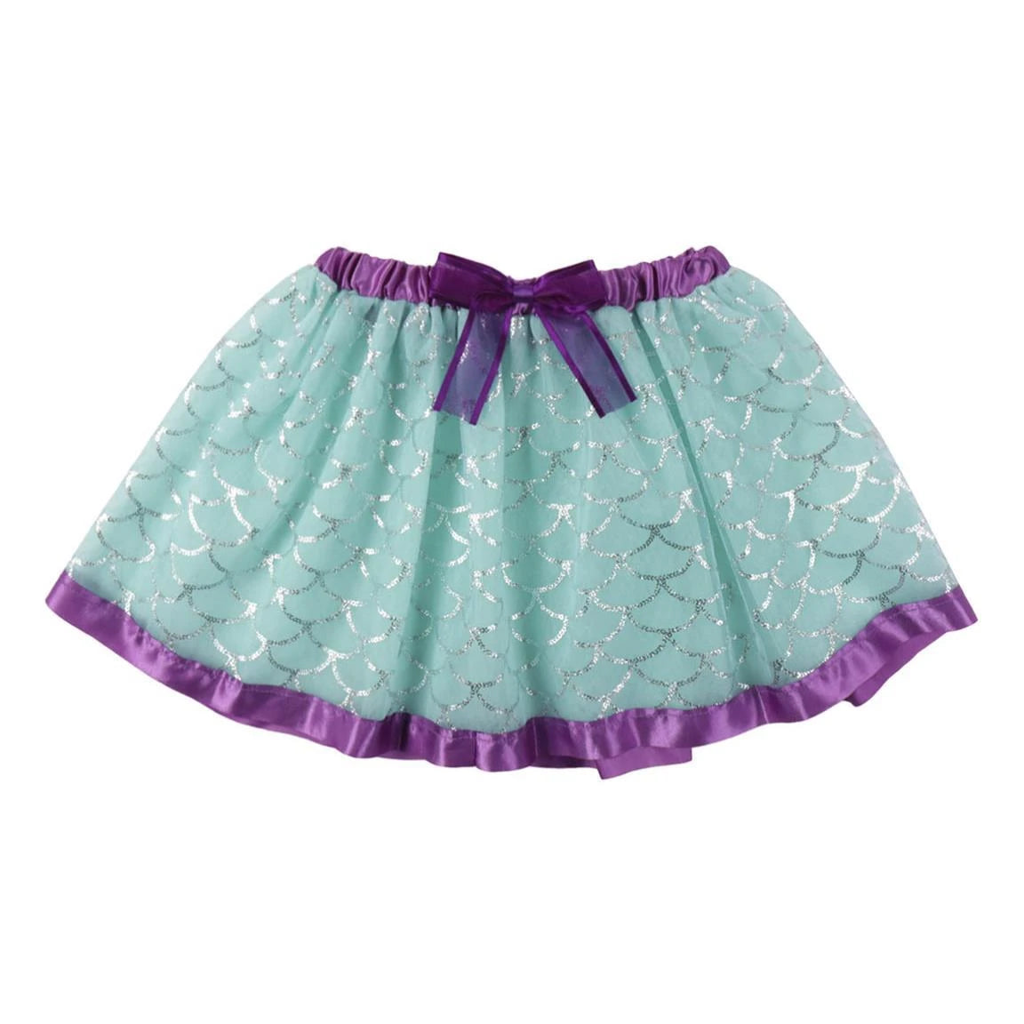Disney The Little Mermaid turquoise tulle skirt with purple waistband, bow and silver mermaid scale pattern