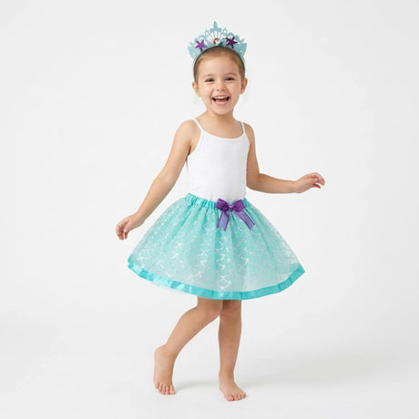 Disney The Little Mermaid tutu and tiara headband worn together, showing the turquoise skirt with purple bow and matching Ariel headpiece