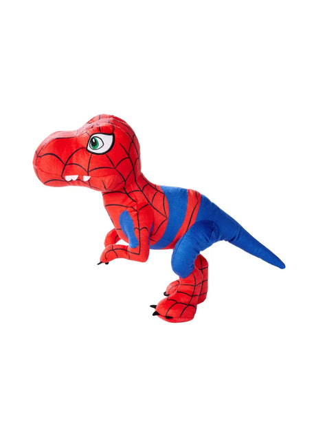 Side view of the Disney Marvel Spidey T-Rex plush toy showing web design and soft fabric texture.