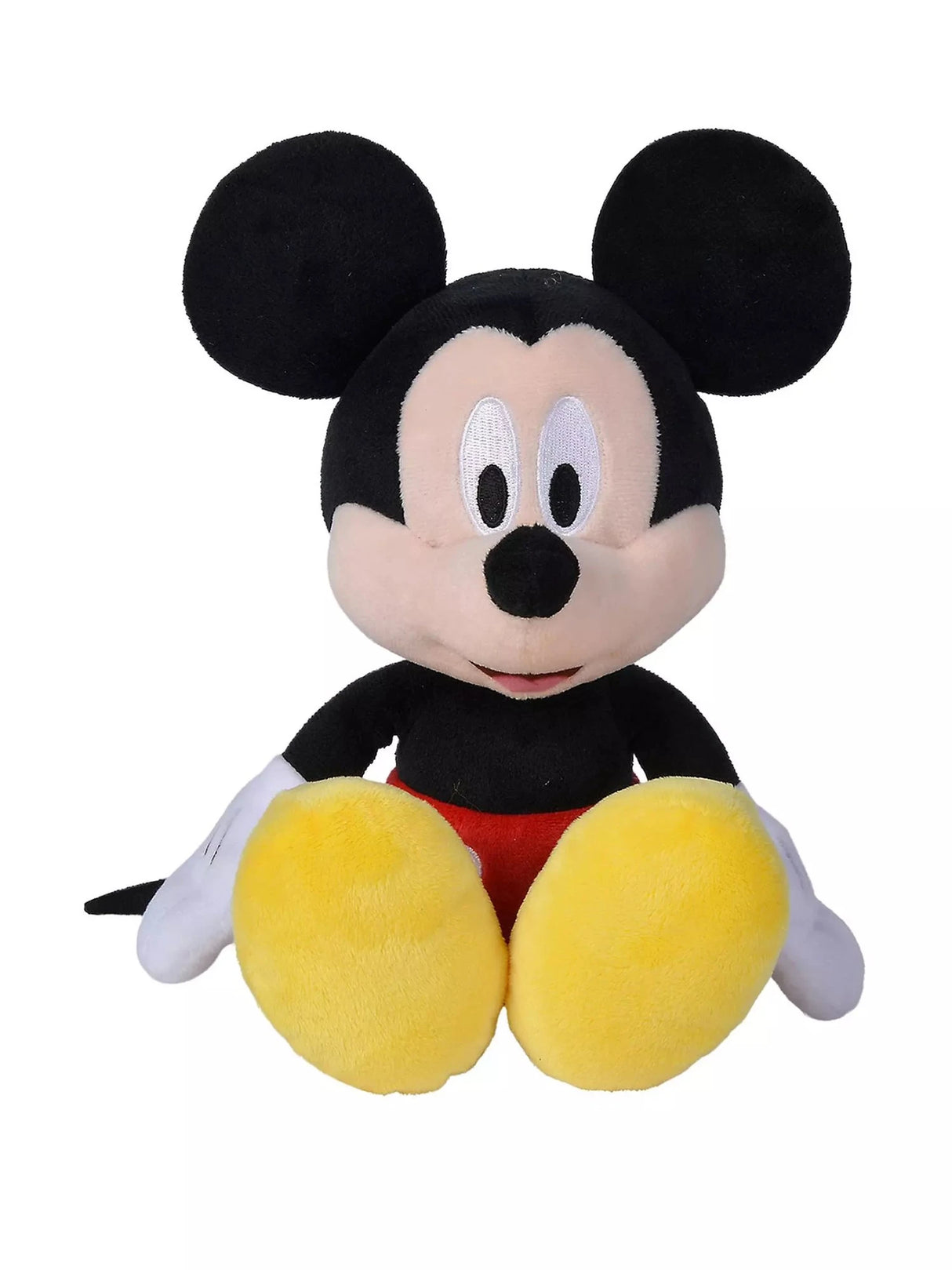 Disney Mickey Mouse plush toy in seated position, front-facing view showing embroidered facial features, soft black ears and yellow feet