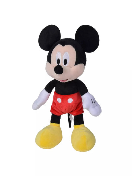 Disney Mickey Mouse plush soft toy standing upright, showing black body, red shorts with white dots, white gloves and yellow shoes
