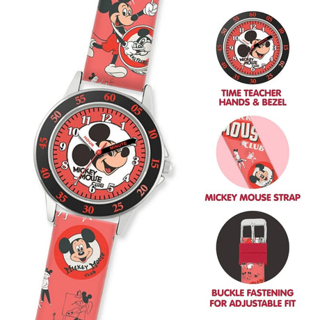 Disney Mickey Mouse Printed Time Teacher Watch showing time teacher hands and bezel, printed Mickey Mouse strap and adjustable buckle fastening