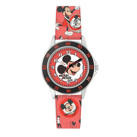 Disney Mickey Mouse Printed Time Teacher Watch front view with red printed strap, Mickey Mouse dial and numbered minute bezel