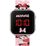 Disney Minnie Mouse LED Watch close-up with black digital face, red 10:10 time display, Minnie bow and pink printed strap