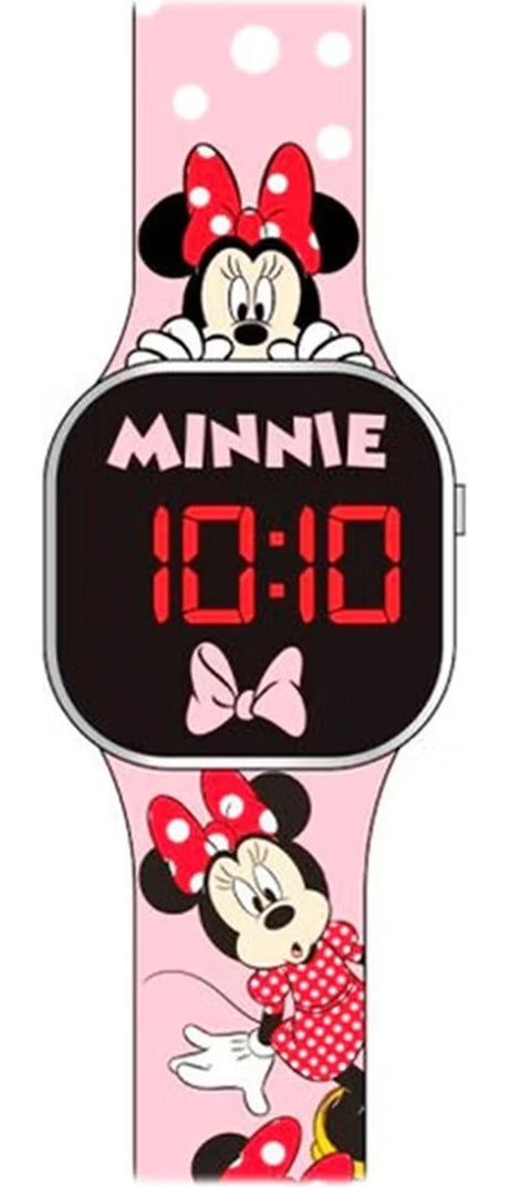 Disney Minnie Mouse LED Watch close view with red digital time display, pink polka dot strap and Minnie Mouse artwork