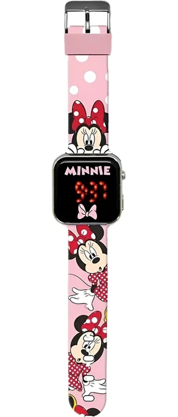 Disney Minnie Mouse LED Watch full vertical view with black digital display, pink Minnie Mouse printed strap and silver buckle