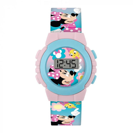 Disney Minnie Mouse Printed Digital Watch close-up with digital time display, turquoise bezel and Minnie Mouse artwork
