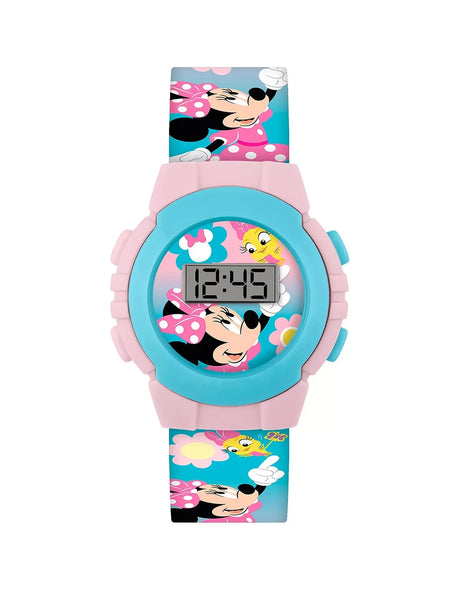 Disney Minnie Mouse Printed Digital Watch front view with pink case, turquoise bezel and colourful Minnie Mouse printed strap