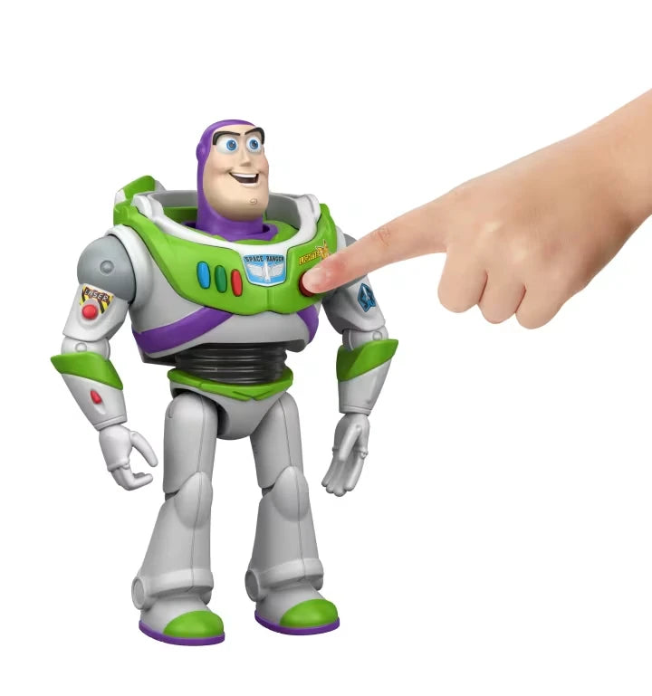 Buzz Lightyear figure shown from the front with a finger pressing the red chest button.